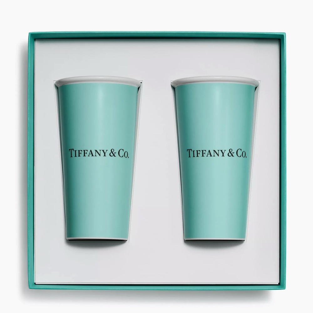 Tiffany & Co. Aqua Travel Tumblers Pair Bone China Authentic